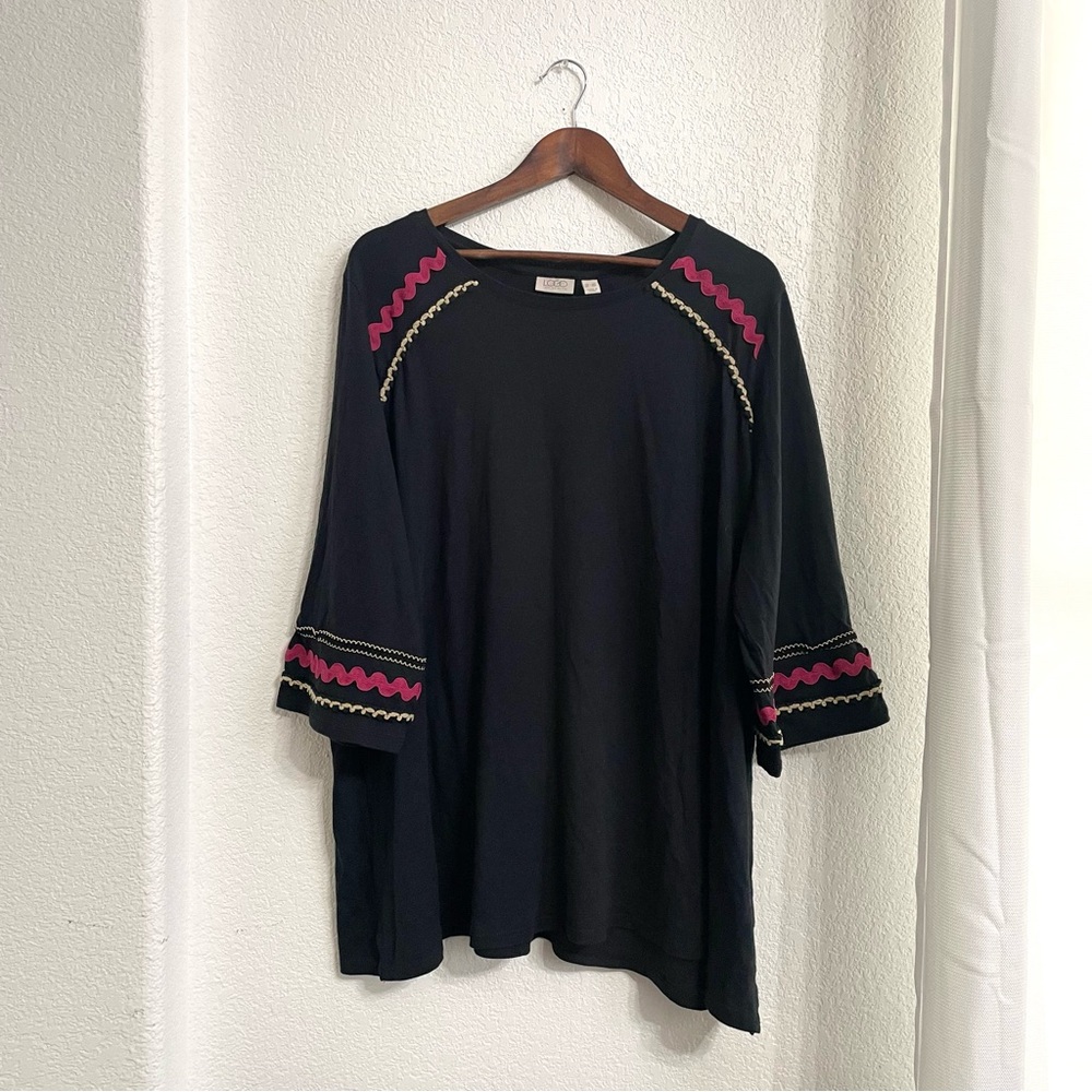LOGO Lori Goldstein Womens Shirt Tunic Black 3/4 Sleeve Ric Rac Plus Size 3X